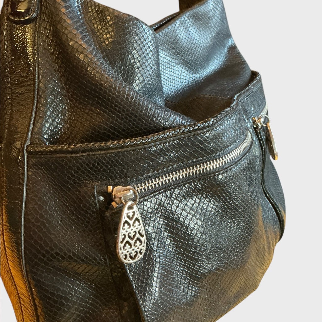 Brighton Black Leather Hobo Bag Snakeskin Embossed Silver Heart